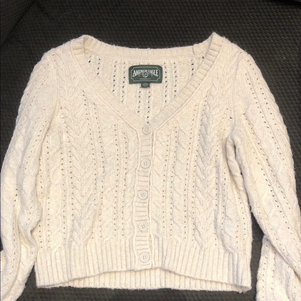 American Eagle Outfitters Off-White Cable Knit Button-Front Cardigan